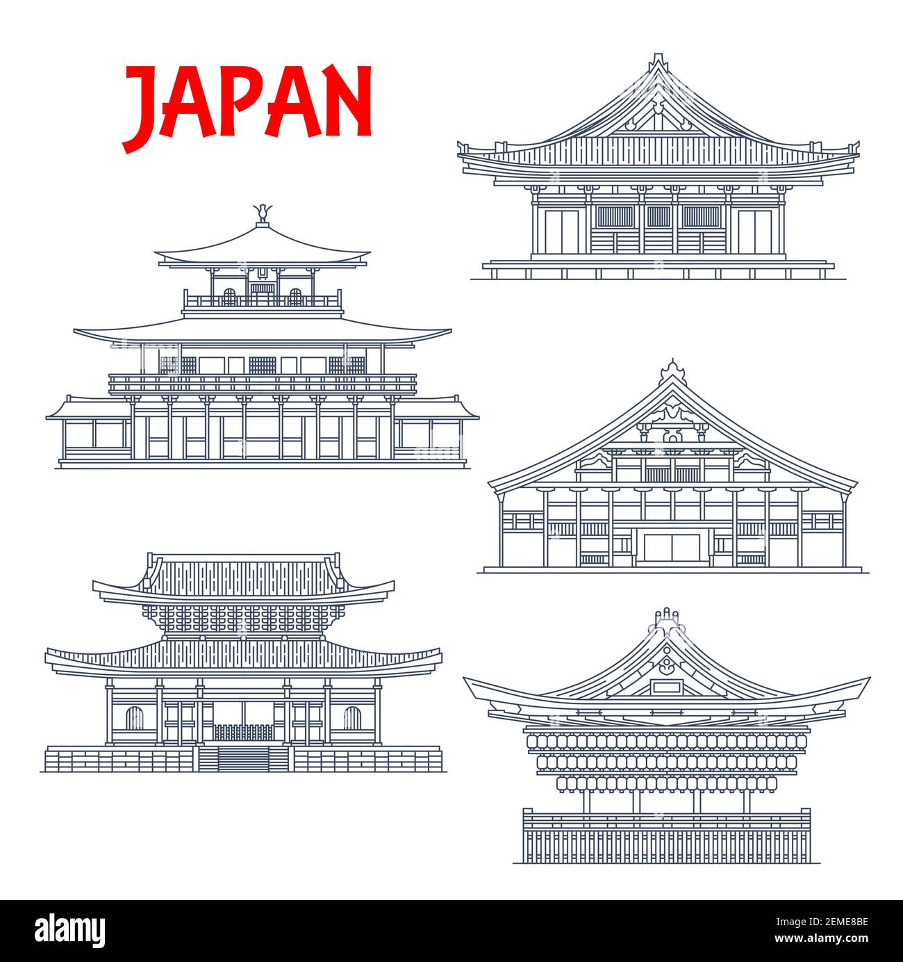 Bâtiments japonais, temples japonais et pagodes de sanctuaire sites d'architecture de Kyoto. Sanjusangen-do, Tenryu-ji, Myosen-ji, Shiseizen et Kinkaku-ji o Illustration de Vecteur