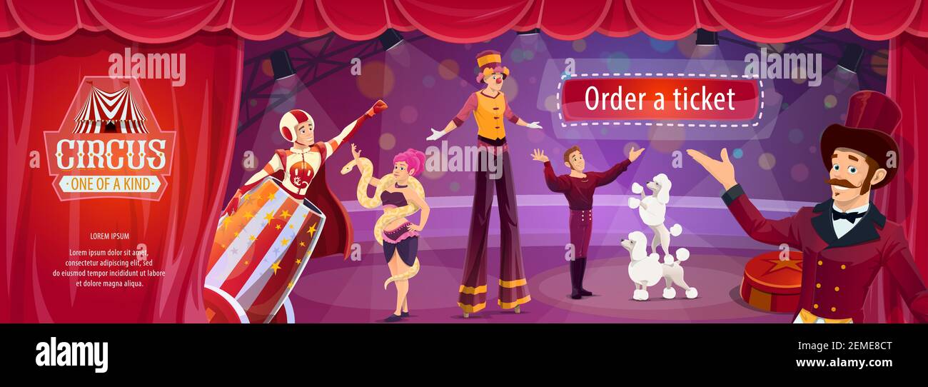 Circulaire de scénario de spectacle de cirque avec grand maître de ringmaster, canonnonball d'homme et tamère avec chiens entraînés, charmeur de serpent de femme ou marcheur de stilt. Dessin animé Illustration de Vecteur