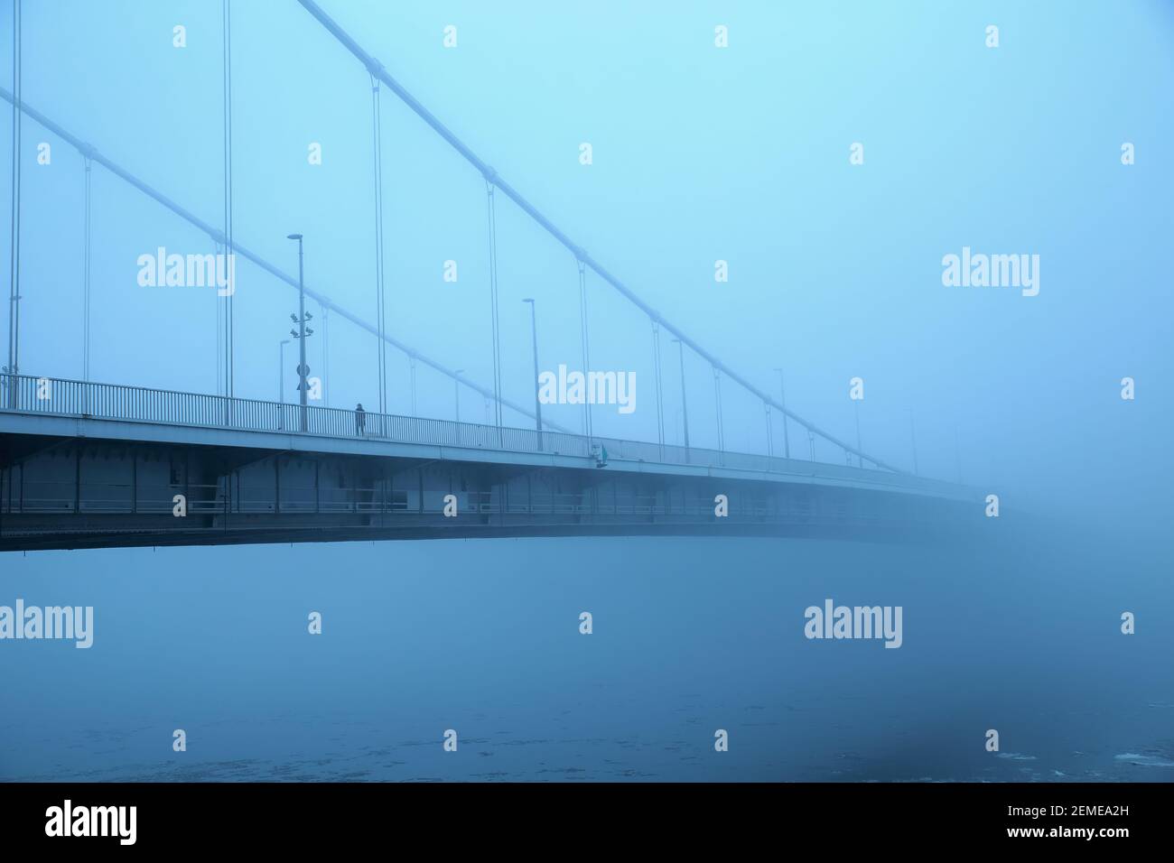 Pont Elizabeth dans un brouillard mystérieux sur le Danube glacé à Budapest, Hongrie; photo couleur Banque D'Images