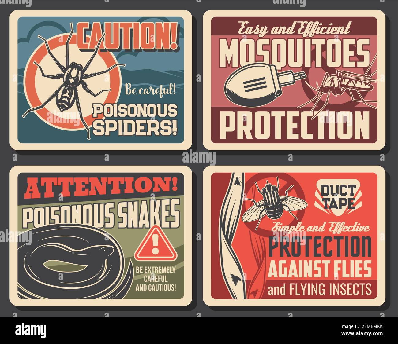 Protection contre les moustiques et les mouches, les serpents et les araignées sont des signes vecteurs de danger. Répulsifs de dissection pour insectes et serpents toxiques. Outil de fumigation elec Illustration de Vecteur