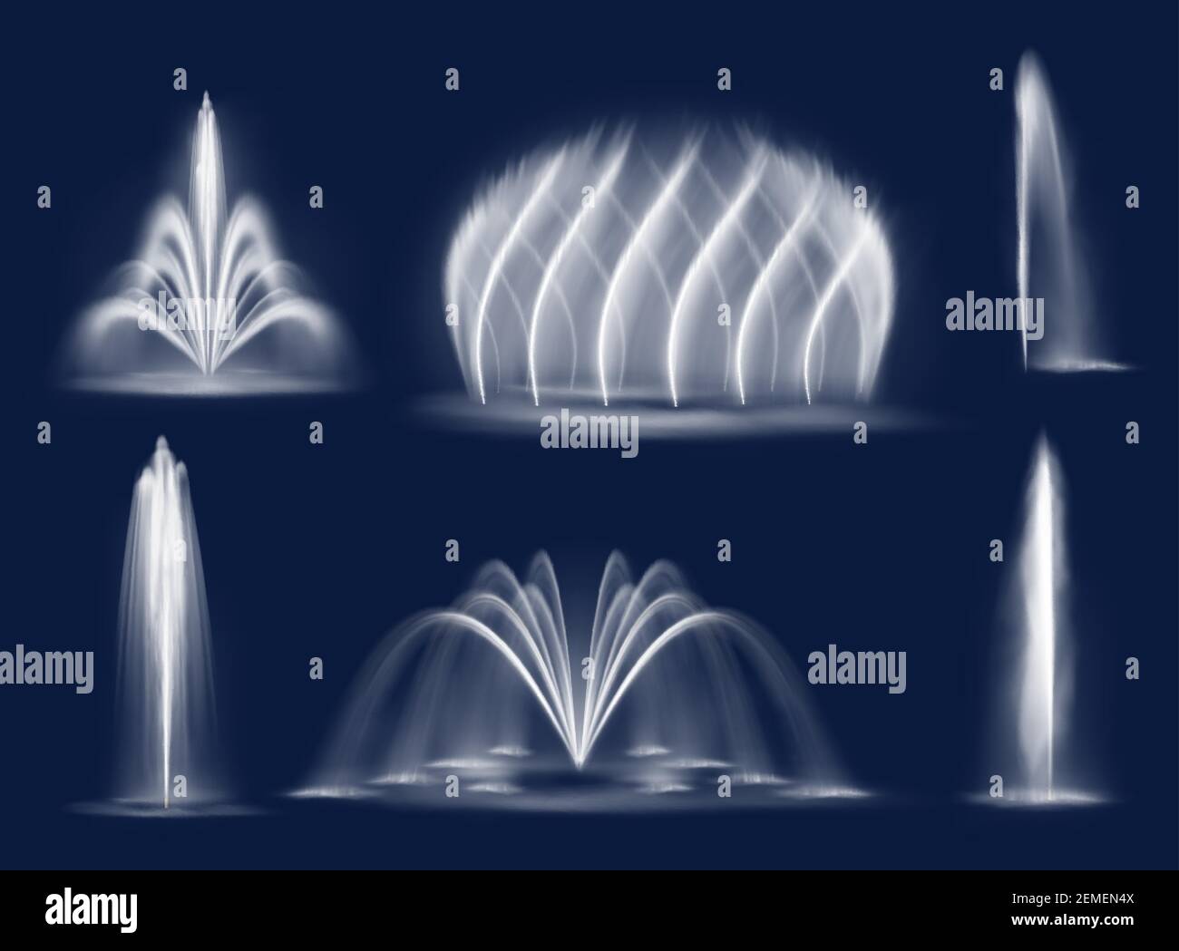 Jets d'eau de fontaine cascades vectorielles isolées et jets d'eau uniques. Des geysers multiples réalistes s'écoulent, des jets d'eau en 3d s'écoulent. Waterwor Illustration de Vecteur