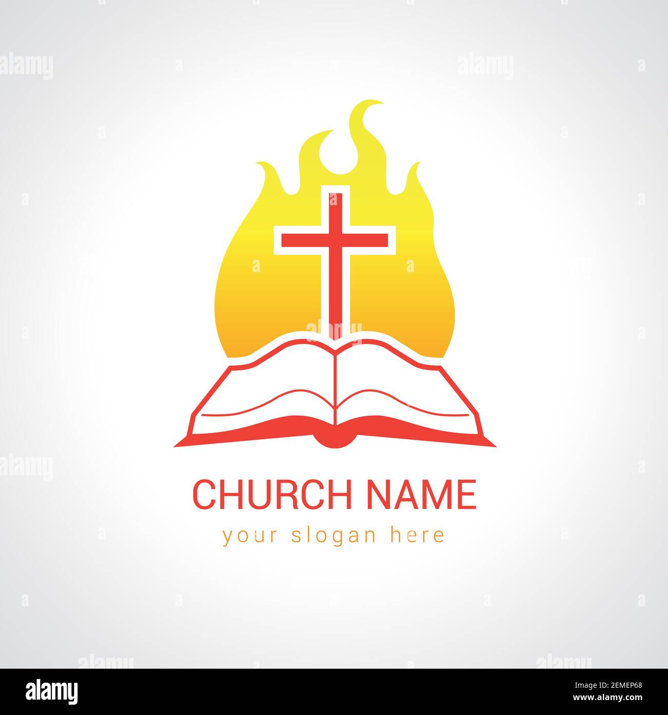 Logotype de l'église. Religieux étudiant, lisant, apprenant symbole éducatif, modèle traditionnel isolé de crucifixion. Feu flamboyant brillant brillant GL Illustration de Vecteur