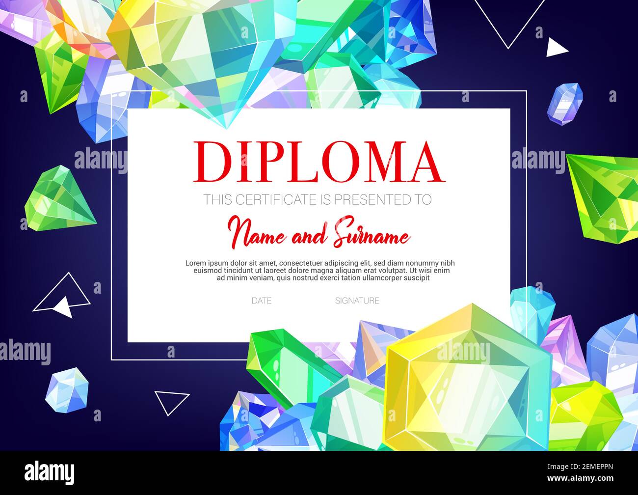 Certificat de diplôme pour enfants, bijoux de cristaux et de pierres précieuses, modèle de certificat d'éducation à l'école vectorielle. Diplôme d'études préscolaires et de maternelle ou diplôme universitaire Illustration de Vecteur