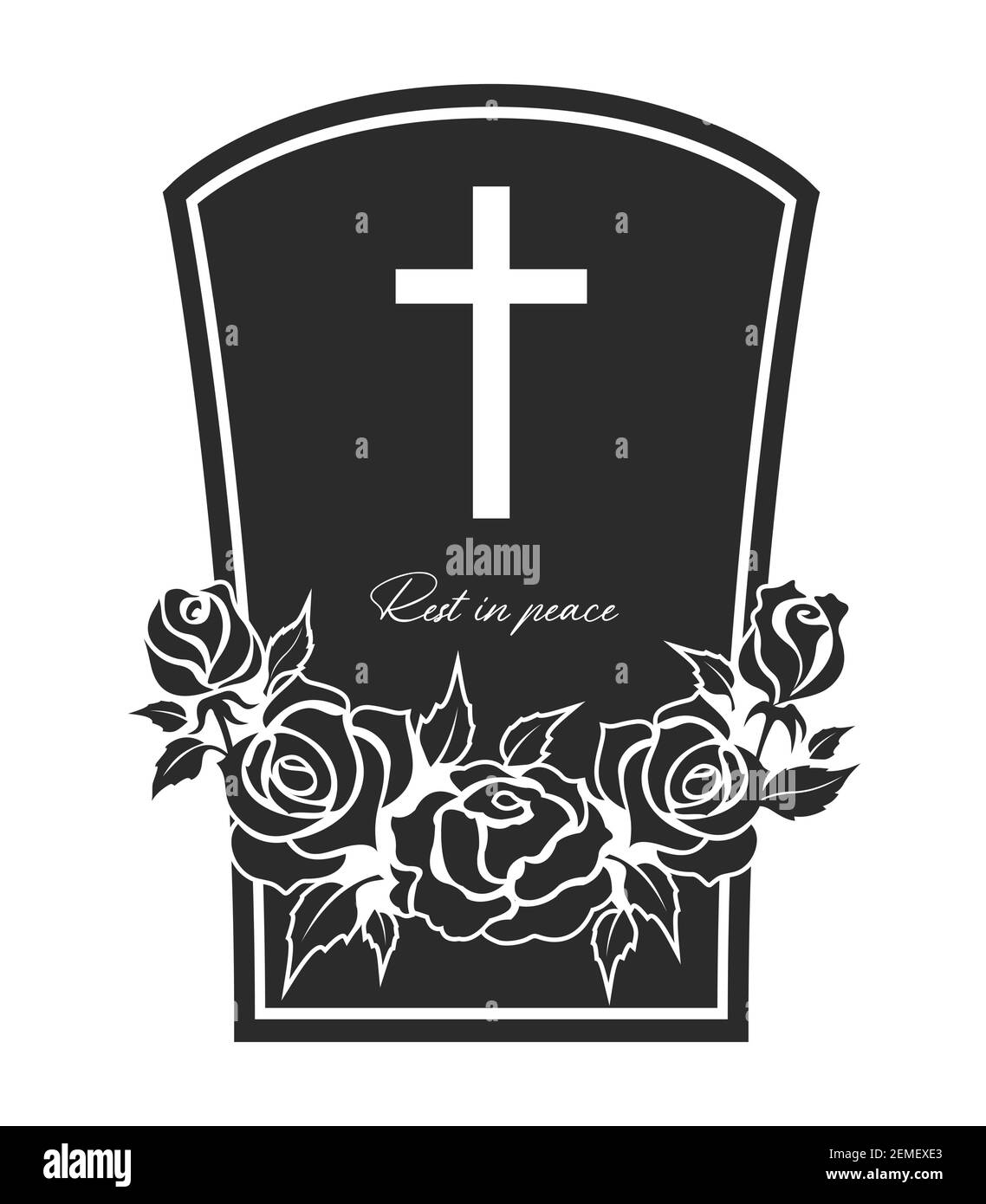 Carte funéraire, pierre tombale vecteur avec couronne de fleurs roses, croix et repos en paix typographie obséquelle. Carte de condoléances vintage. Note nécrologique Illustration de Vecteur