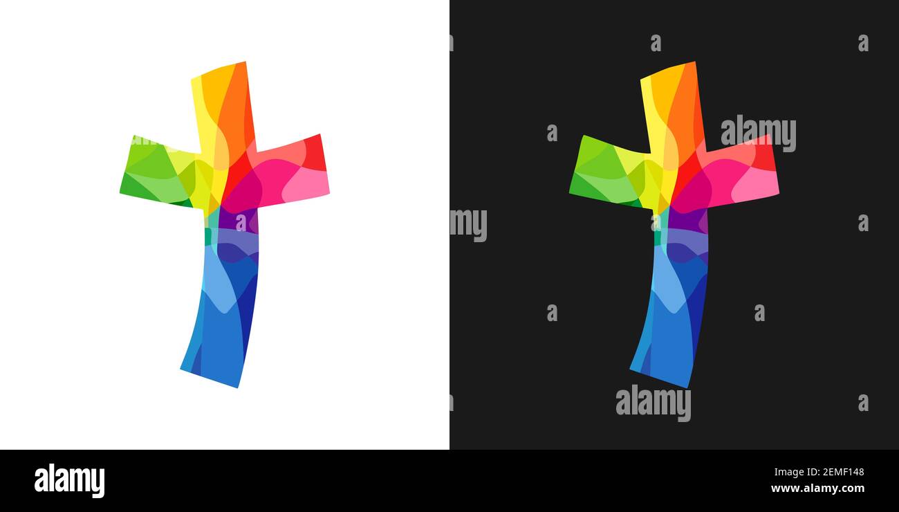 Logo Cross. Logotype de vecteur d'église chrétienne. Crucifixion en vitrail. Symbole religieux, concept de carte de vœux. Abstrait isolé design graphique tem Illustration de Vecteur