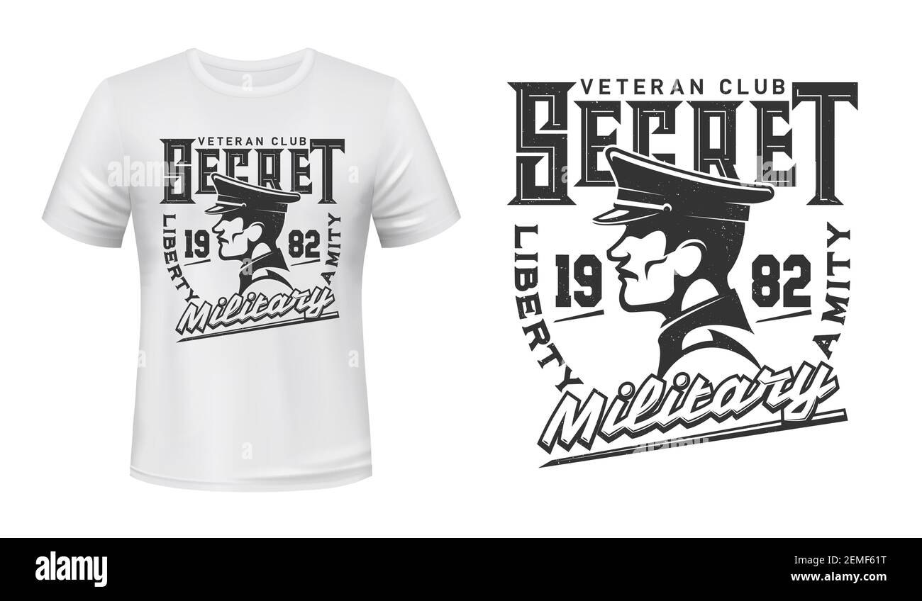Imprimé t-shirt avec profil soldat en casquette, mascotte vectorielle pour le club militaire secret maquette. Modèle de t-shirt avec décoration typographique Illustration de Vecteur
