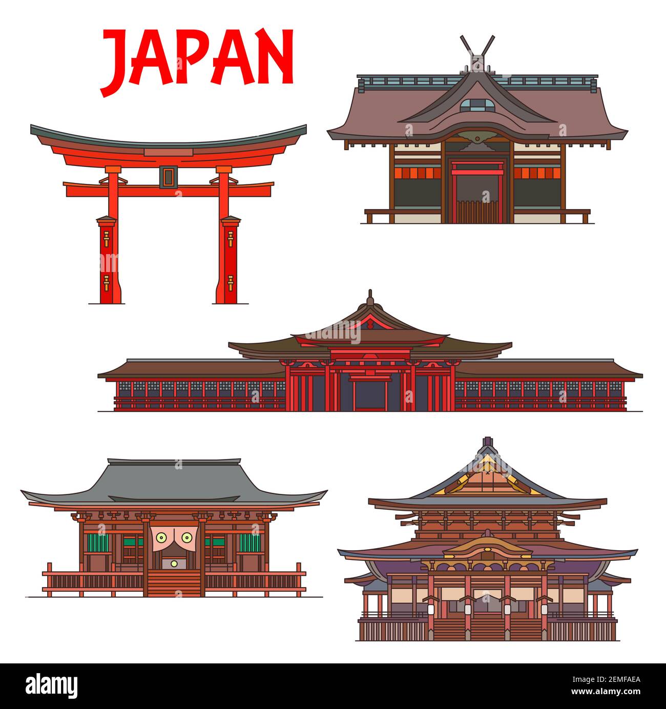Temples japonais, pagodes et sanctuaires, Japon Tokyo rouge Ttorii portes Itsukushima Ryobu. Vecteur architecture bouddhiste monuments Kokubunji temple Zenko-ji Illustration de Vecteur