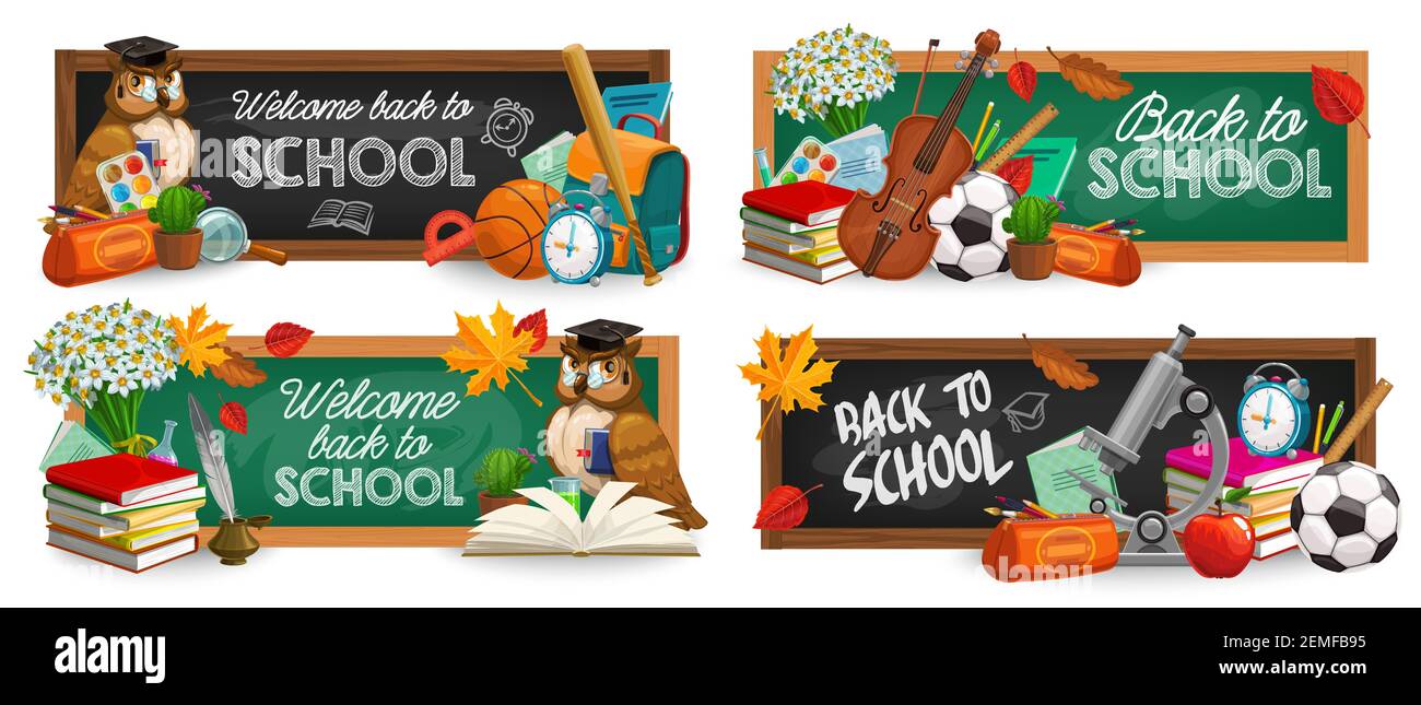 Tableaux noirs scolaires, bannières vectorielles pour l'éducation. Retour à l'école typographie, dessins animés vert et noir tableaux avec des choses d'apprentissage et sac d'école, boule a Illustration de Vecteur