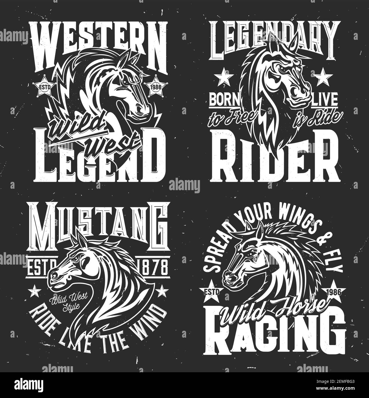 Imprimés t-shirts pour les courses hippiques et le polo, symboles du club de sport équestre vector grunge. Courses hippiques sauvages et équitation mustang, né pour être libre an Illustration de Vecteur