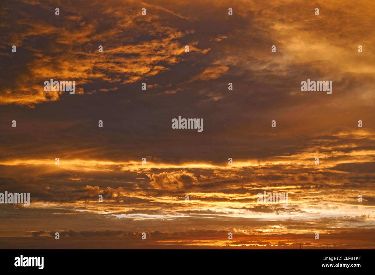 Ciel doré : photo d'un beau lever de soleil, nuages spectaculaires et chauds sur le ciel ; photo couleur. Banque D'Images