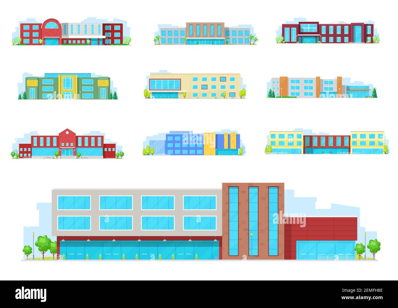 L'éducation construisant des icônes isolées avec des maisons vectorielles d'école, d'université, de collège et d'académie. Extérieur de l'école avec cour avant, façade en verre, vent Illustration de Vecteur