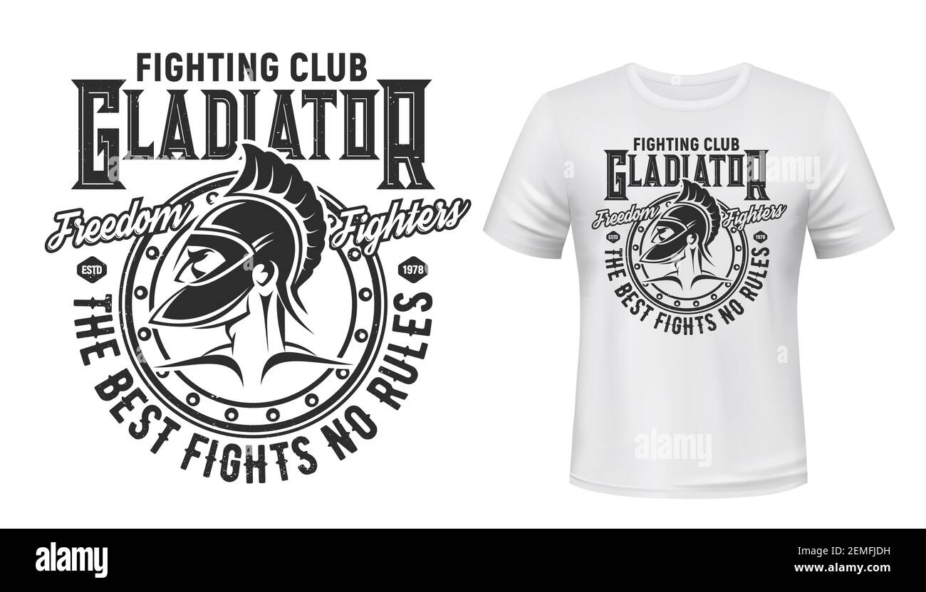 T-shirt style guerrier Gladiator, mascotte de club de combat vectoriel. Vêtements blancs avec gladiateur romain ou grec, brasure ou chevalier dans un casque avec plumage. Illustration de Vecteur