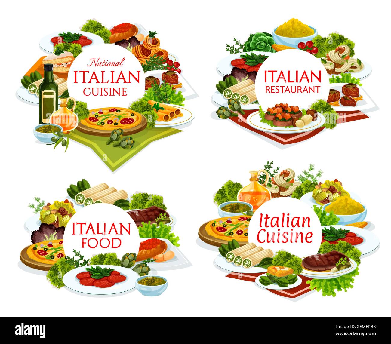 Le restaurant de cuisine italienne propose des banderoles rondes. Pizza, veau aux champignons porcini et carpaccio, œufs florentins, polenta et cannelloni de bœuf, Caesa Illustration de Vecteur