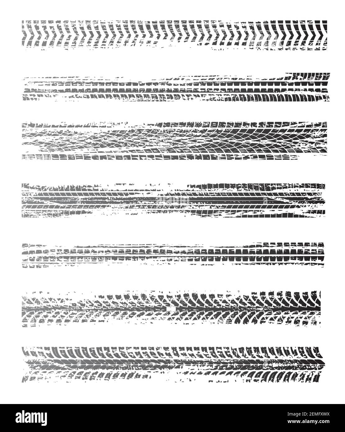 Empreintes de pneus, grunge offroad pneus de voiture piste, repères vectoriels isolés. Course à vélo, véhicule, transport traces de roues sales. Pneus en caoutchouc , automobile o Illustration de Vecteur