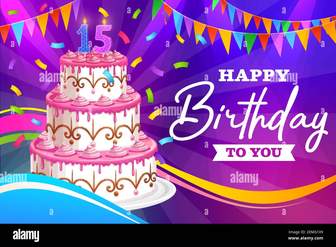 Carte De Voeux A Vecteur Joyeux Anniversaire Pour Une Fete De Quinze Ans Carte Postale De Dessin Anime Avec Gateau Bougies D Eclairage Et Confetti Avec Guirlandes De Drapeau C Image Vectorielle Stock