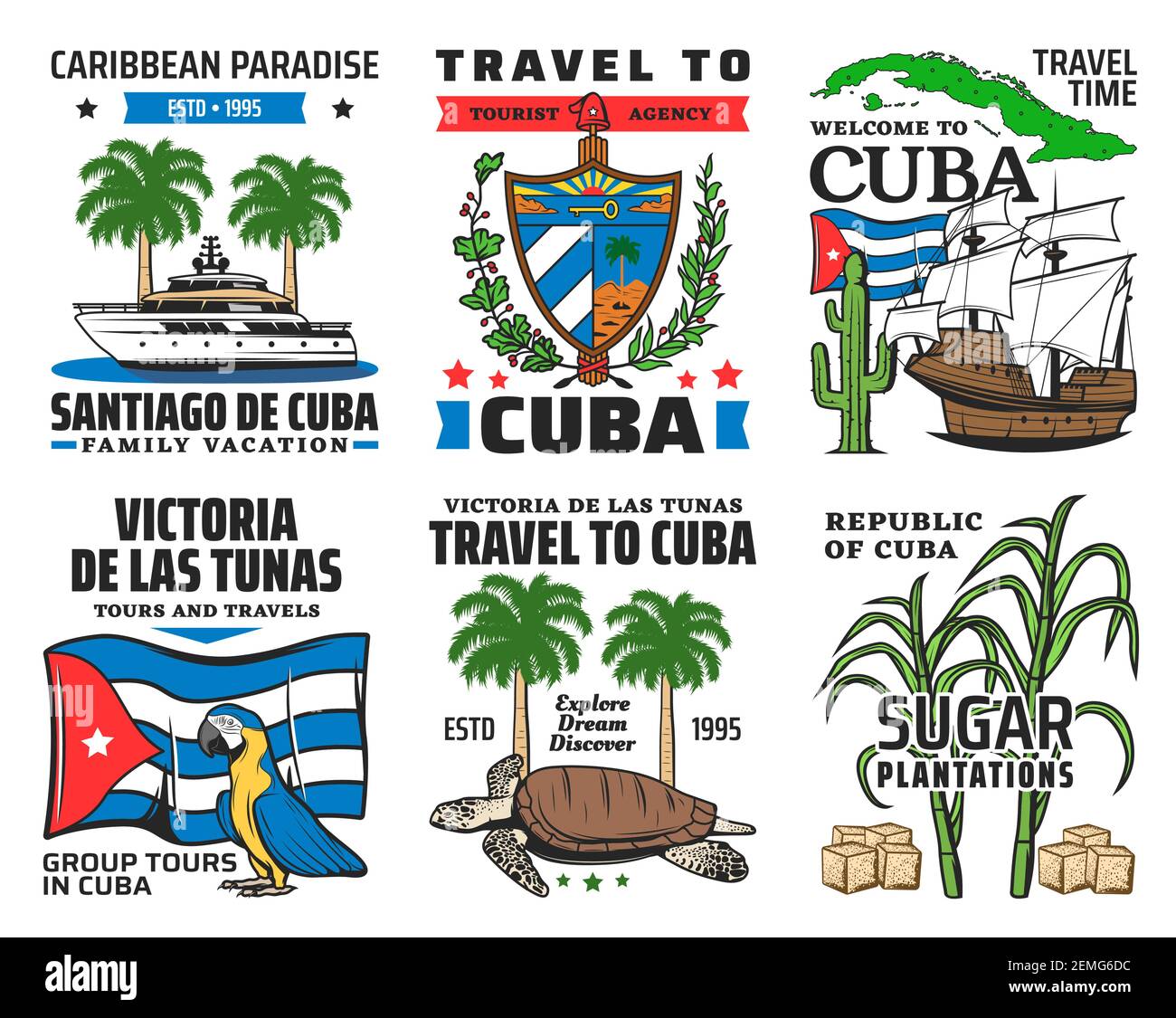 Cuba voyage touristique, caraïbes paradis famille vacances icônes. Yacht et palmier royal, armoiries cubaines et drapeau national, perroquet de macaw, tortue de mer, s Illustration de Vecteur