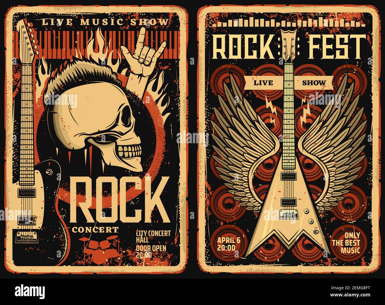 Affiches et flyers Rock fest, festival de musique de concert, vecteur grunge crâne vintage et guitare électrique avec ailes. Hard Rock et concert de musique concer Illustration de Vecteur