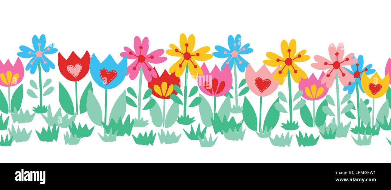 Jolie bordure fleurie sans couture isolée sur fond blanc. Dessin à la main floral vecteur illustration enfant comme tulipes coloré répétition motif pour Illustration de Vecteur