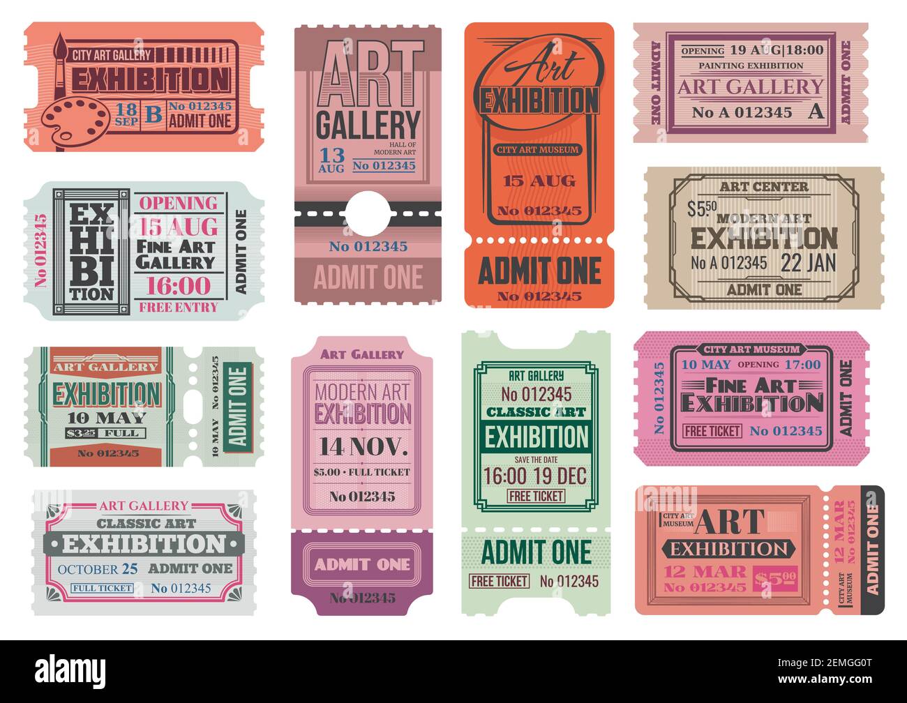 Galerie d'art et billets rétro pour l'exposition de musée, admet des modèles vectoriels. Bon d'entrée pour le musée de la ville, le centre d'art et la galerie de peinture, accès à l'événement c Illustration de Vecteur