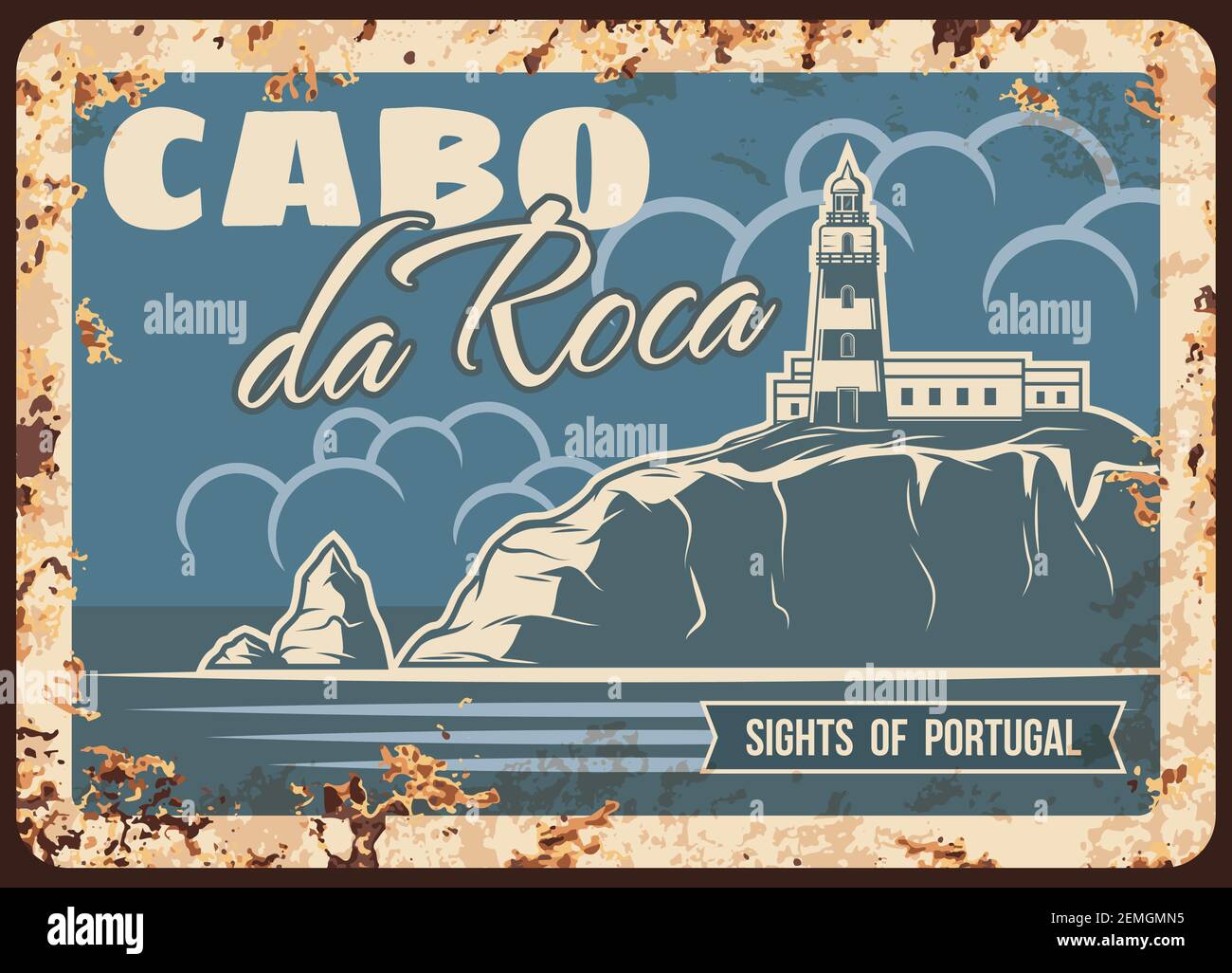 Cabo da Roca plaque de métal rouillé, vecteur Portugal repère vintage panneau d'étain rouille avec phare sur le cap de Sintra. Place portugaise célèbre, voyage retr Illustration de Vecteur