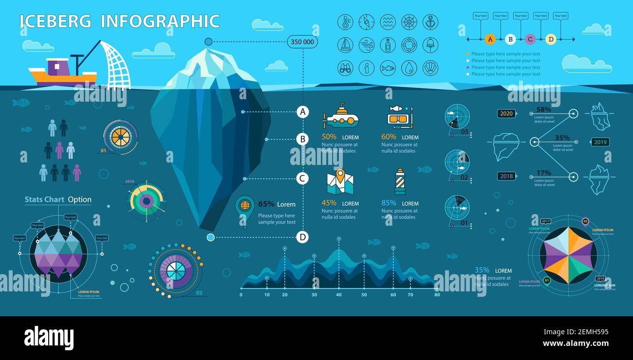 Infographies sous-marines et iceberg. Éléments plats vectoriels avec iceberg polygonal, graphiques et icônes. Illustration de Vecteur