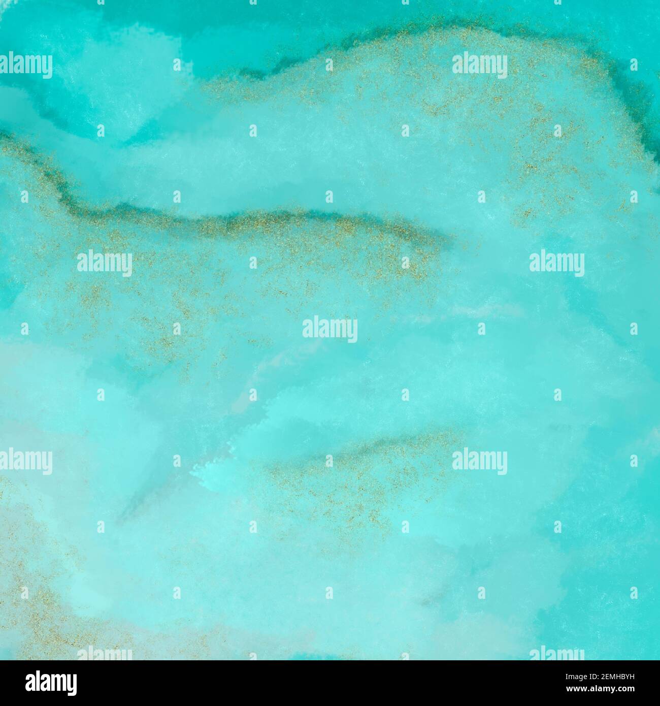 Arrière-plan abstrait aquarelle turquoise. Illustration de la texture du marbre avec de l'or. Bannière carrée. Traînées d'encre. Banque D'Images