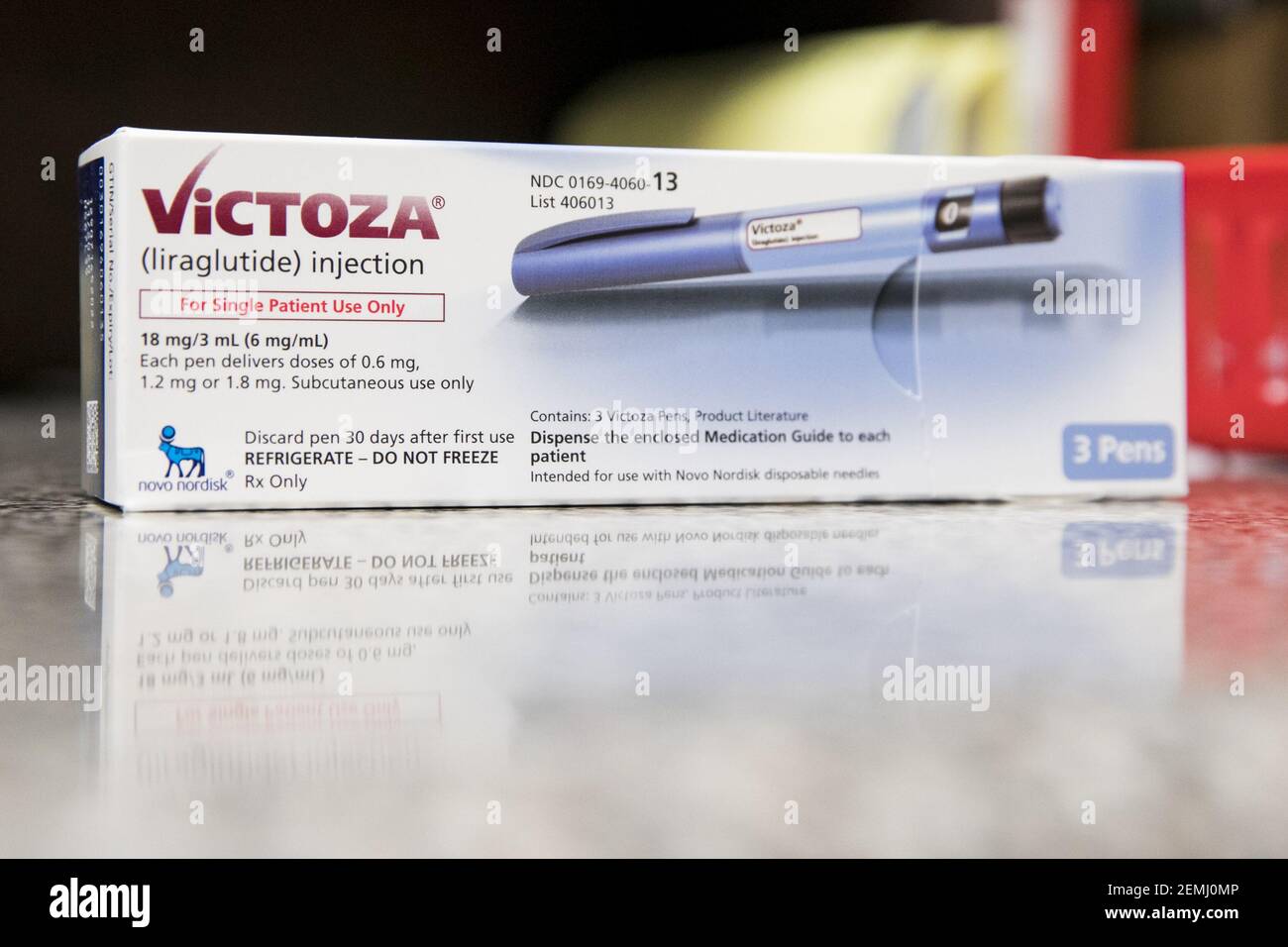 Un paquet d'injecteurs Victoza (Liraglutide), fabriqués par Novo Nordisk,  produits pharmaceutiques sur ordonnance photographiés dans une pharmacie à  Remington, en Virginie, le 26 février 2019. (Photo par Kristoffer  Tripplaar/Sipa USA Photo Stock -