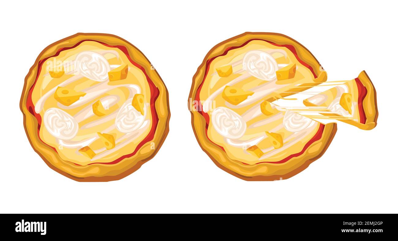 Pizza au fromage entière et avec une pièce coupée, le fromage s'étire appétissamment, avec des morceaux de mozzarella et du fromage dur. Illustration de Vecteur Pizza au fromage entière et avec une pièce coupée, le fromage s'étire appétissamment, avec des morceaux de mozzarella et du fromage dur. Illustration de Vecteur