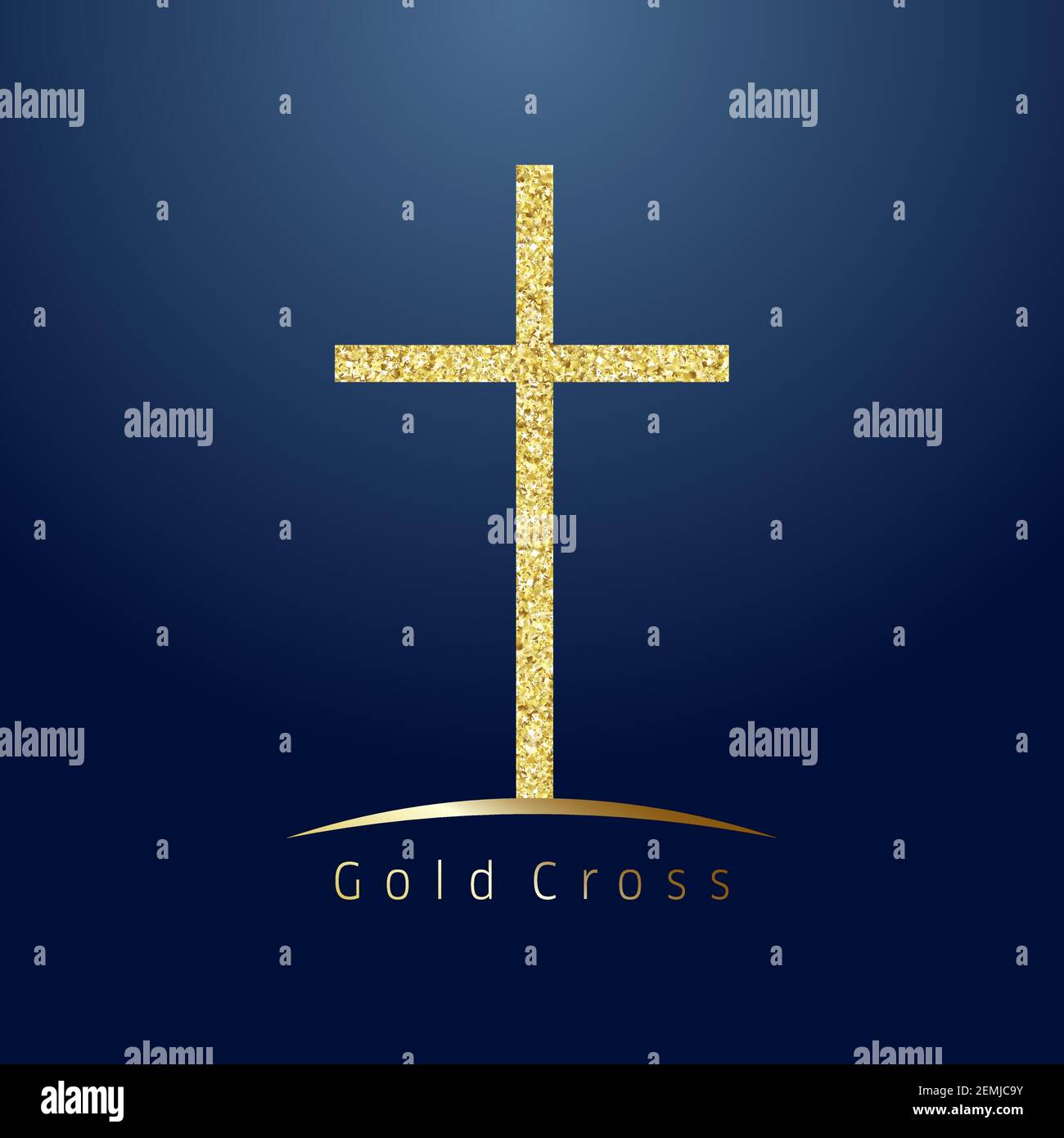 Logo de la croix d'or sur la colline. Emblème de l'événement chrétien et de l'éducation. Carte de vœux avec paillettes et paillettes sur fond bleu foncé. Traditio. Isolée Illustration de Vecteur
