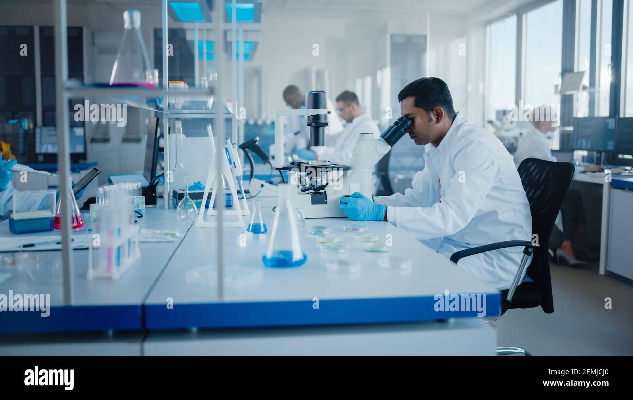 Laboratoire de recherche médicale moderne : équipe diversifiée de scientifiques travaillant avec Pipette, analyse d'échantillons de produits biochimiques, parlant. Laboratoire scientifique pour Banque D'Images