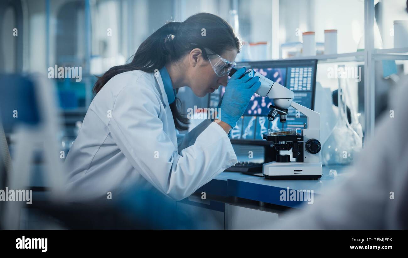 Laboratoire de recherche médicale: Portrait d'une belle scientifique féminine en lunettes regarde sous microscope à des échantillons. Laboratoire scientifique avancé pour Banque D'Images