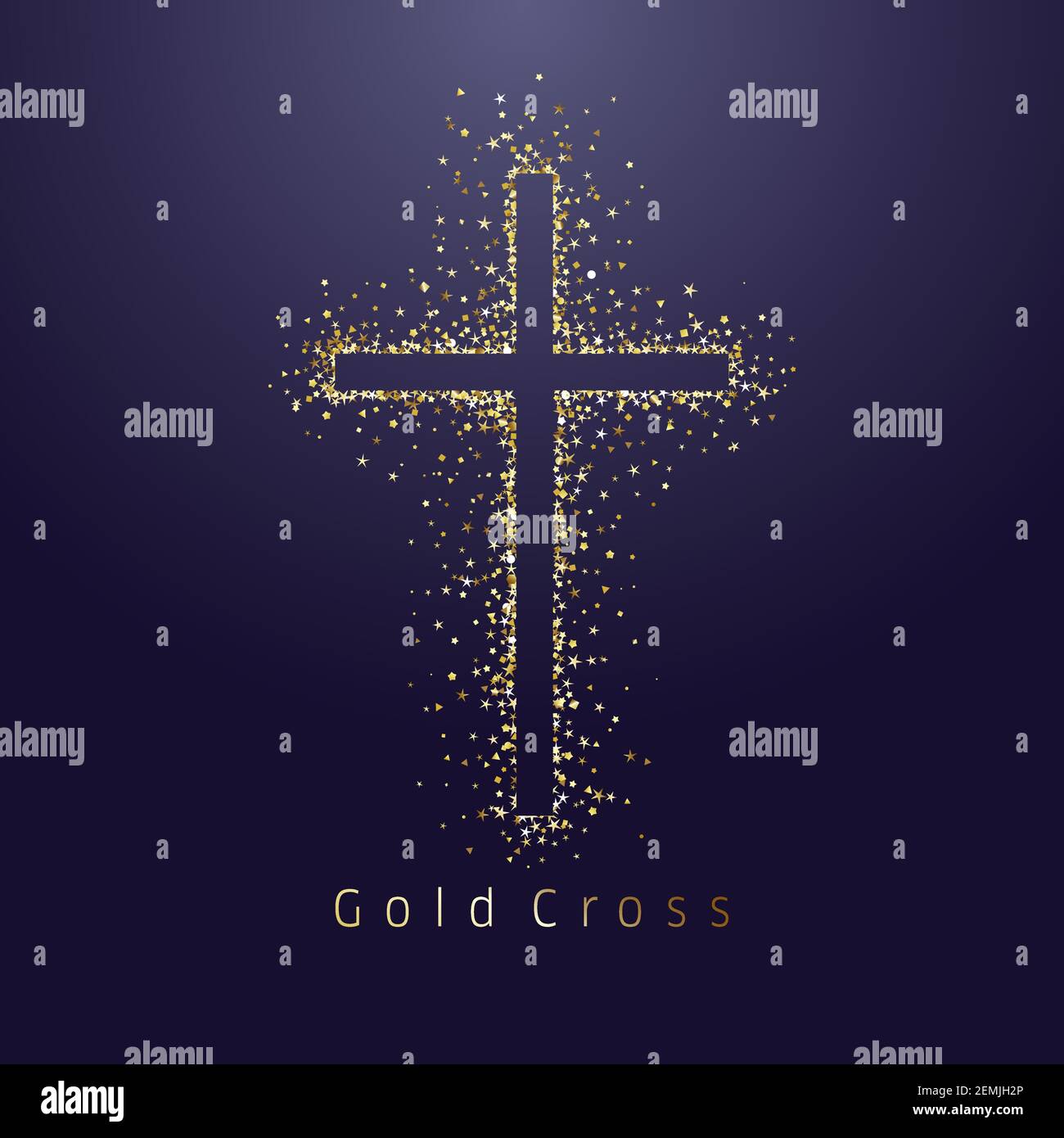 Logotype croisé brillant or. Emblème de l'événement religieux. Carte de vœux avec paillettes et paillettes sur fond de nuit sombre. Tradition isolée glorieuse Illustration de Vecteur