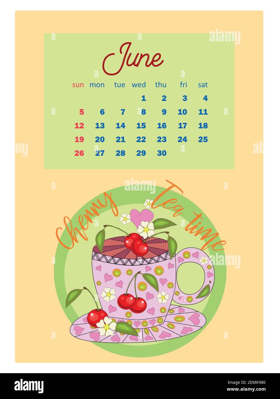 Boissons calendrier 2022 avec dessert de saison de thé, café, cacao. Fruits, baies, gâteaux, thé. Thés avec ingrédients sur ordonnance Illustration de Vecteur