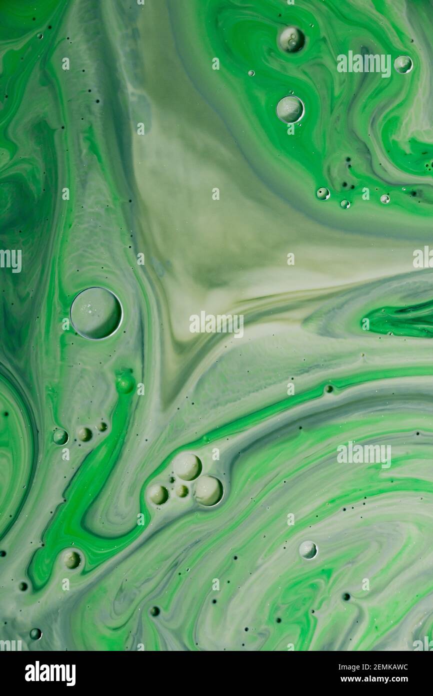 couleur verte et nuances de peinture acrylique verte encre liquide d'art, aquarelle et bulles d'huile. Fond texturé fluide pour l'arrière-plan. Banque D'Images