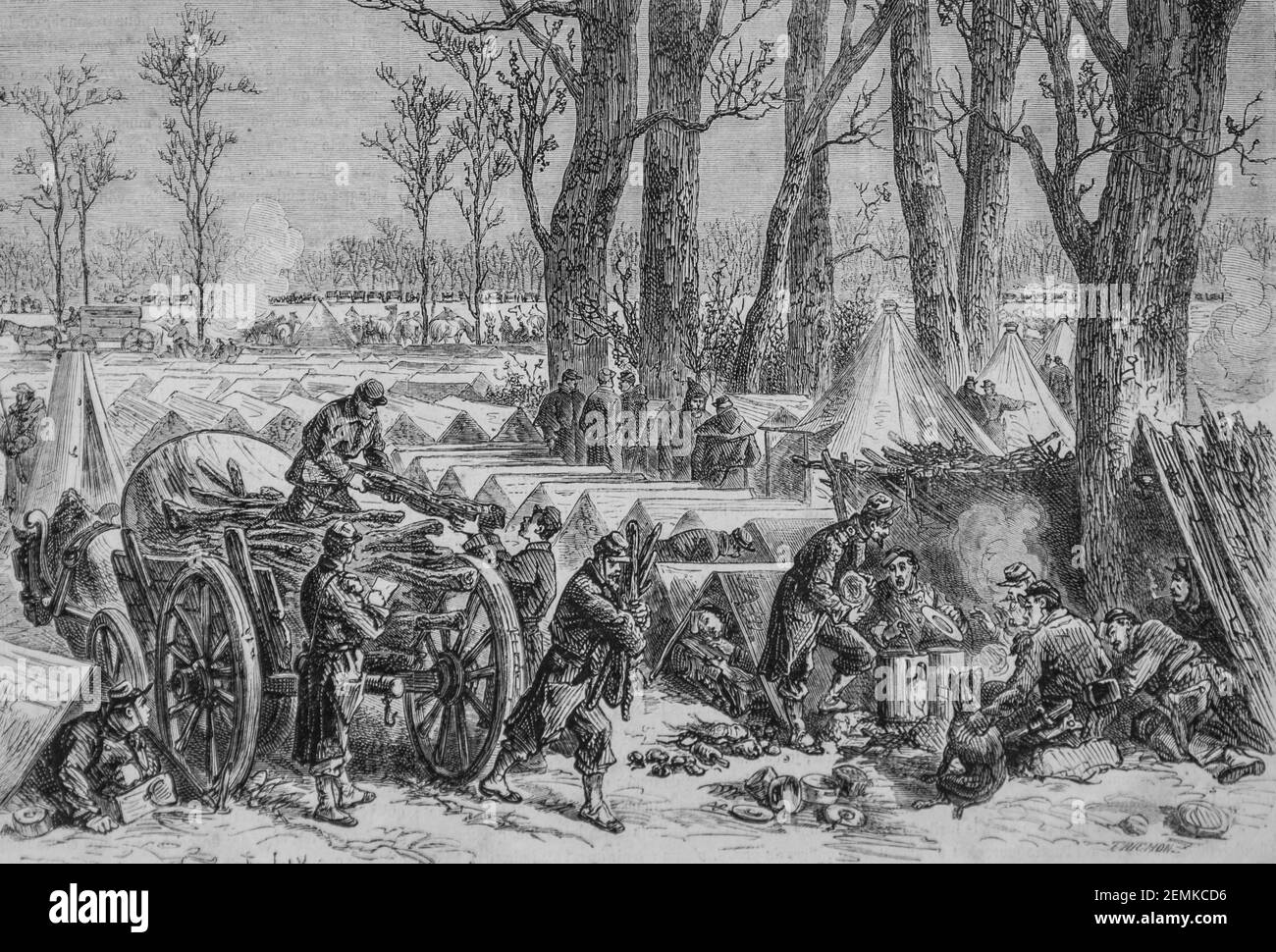 le siège de paris, bivouac des troupes du général ducrot, dans le b oius de vincennes, près de la bataille de villiers, l'univers illustrateur, éditeur michel l Banque D'Images