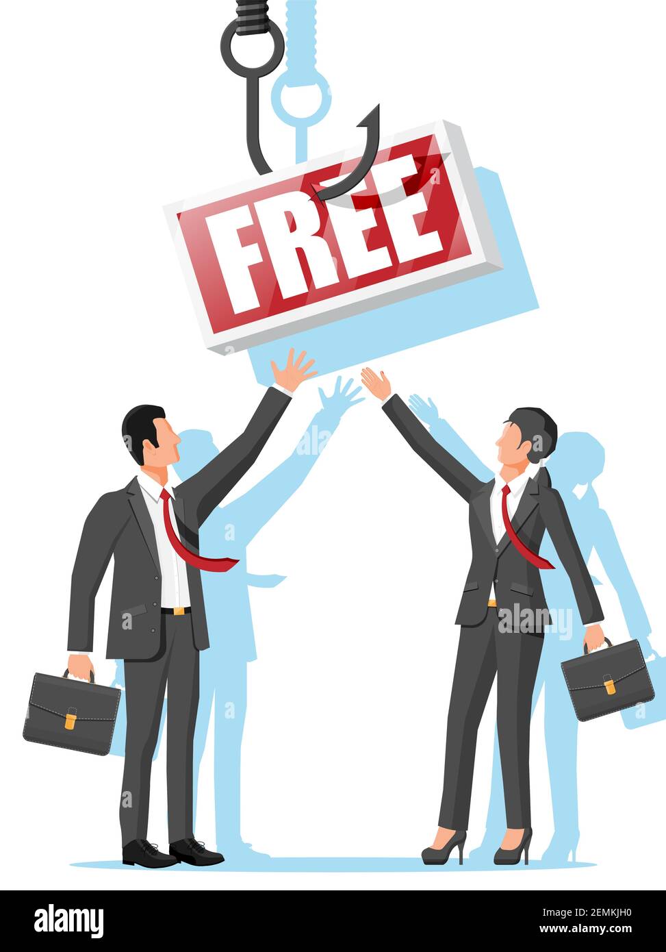 Crochet de pêche avec signe avec texte libre et les gens d'affaires. Piège avec étiquette sur crochet. Fraude, franc-bie, crime et mensonge. Illustration vectorielle de style plat Illustration de Vecteur