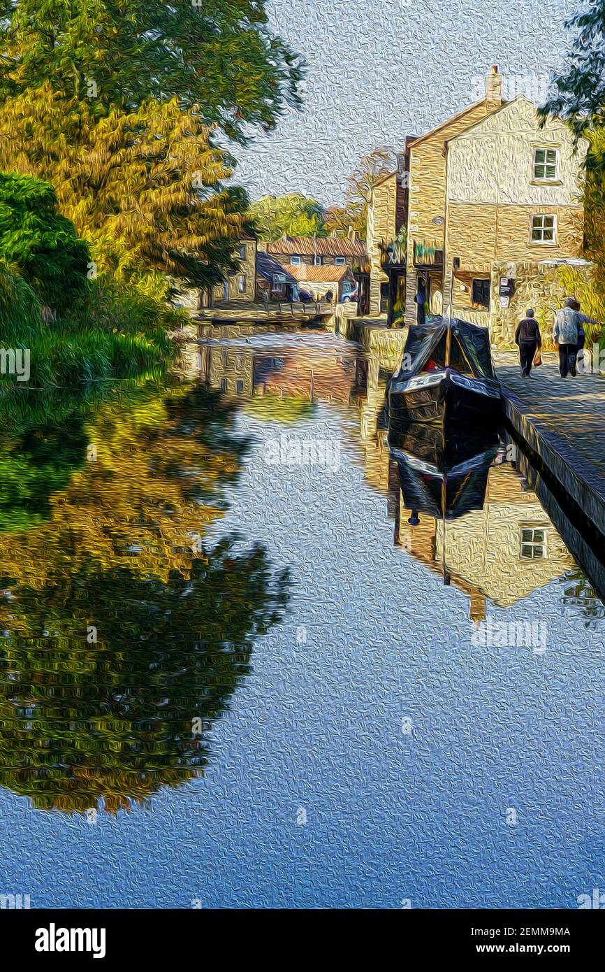 Magnifiques reflets sur un canal avec une barge amarrée sur le côté, Ripon, North Yorkshire, Angleterre, Royaume-Uni.(effet aquarelle numérique) Banque D'Images