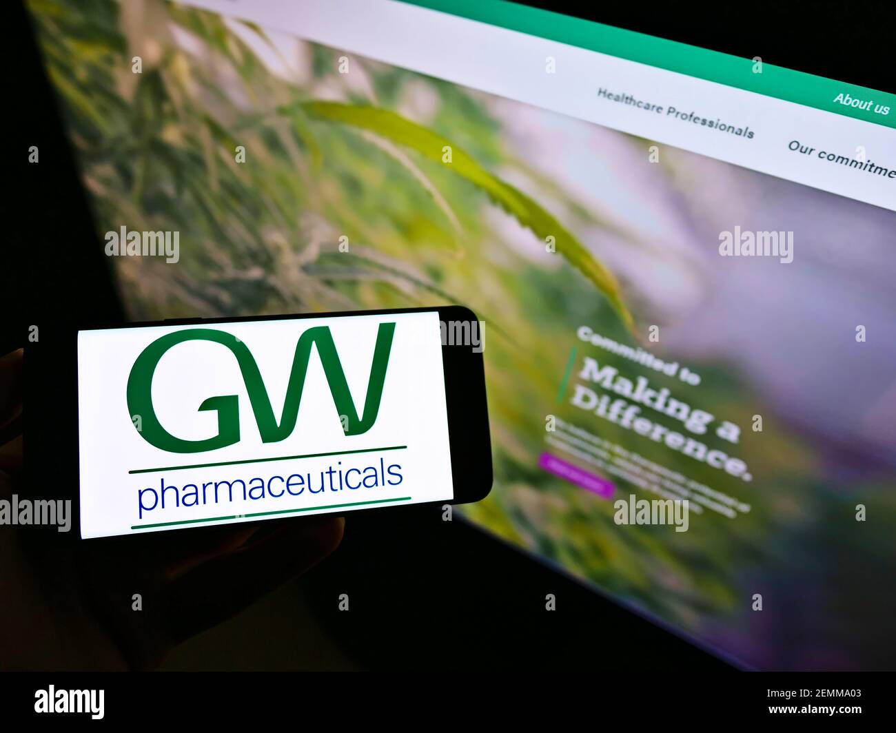Vue en grand angle de la personne portant un smartphone avec le logo de la société britannique GW Pharmaceuticals PLC à l'écran avec une page Web. Concentrez-vous sur l'affichage du téléphone portable. Banque D'Images