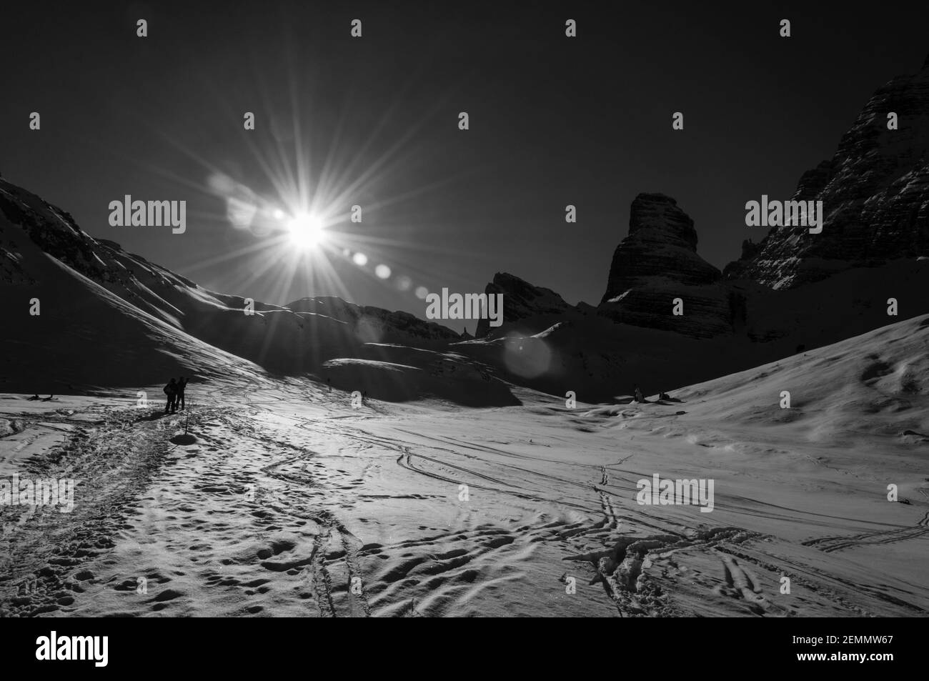 Dolomites italiens, haute vallée de Popena, excursion de ski avec premières Banque D'Images