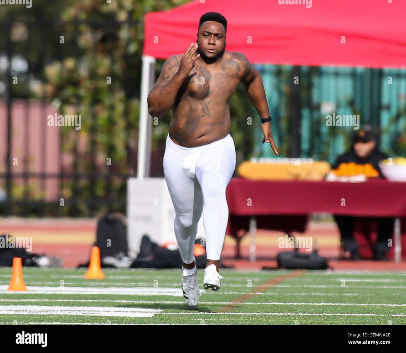 Malik Dorton (44), joueur de ligne défensif de l'USC Trojans lors de la Journée Pro de l'USC Trojans au stade Cromwell Field et Loker le mercredi 20 mars 2019 (photo de Jevone Moore)(image de crédit : © Jevone Moore/CSM/Sipa USA) Banque D'Images