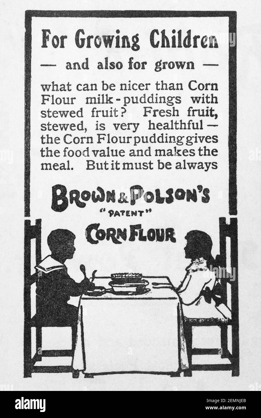 Publicité de la farine de maïs Brown & Polson de l'ancien magazine victorien de 1905 - avant l'aube des normes publicitaires. Histoire de la publicité. Banque D'Images