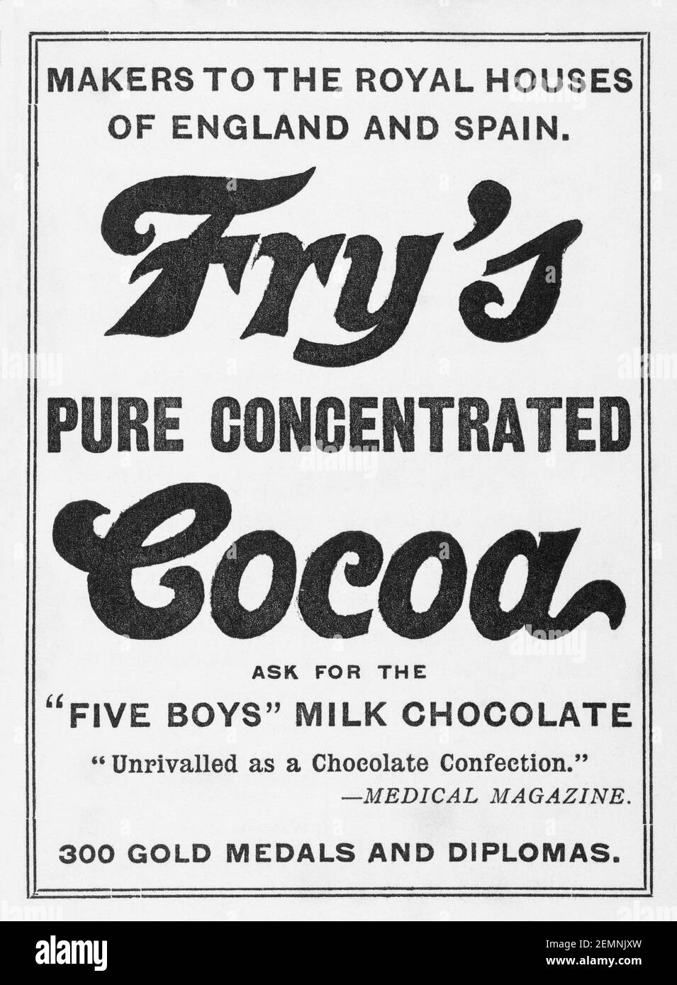 Old Victorian a imprimé la publicité au chocolat de Fry de 1905 - avant l'aube des normes publicitaires. Histoire du chocolat. Banque D'Images