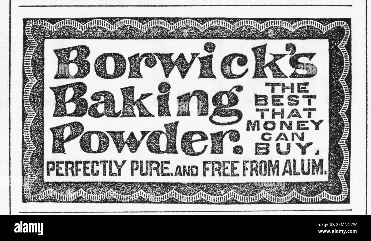 Vieux magazine victorien papier journal Borwick's Baking Powder publicité de 1894 - avant l'aube des normes publicitaires. Concept de cuisson sans levure. Banque D'Images