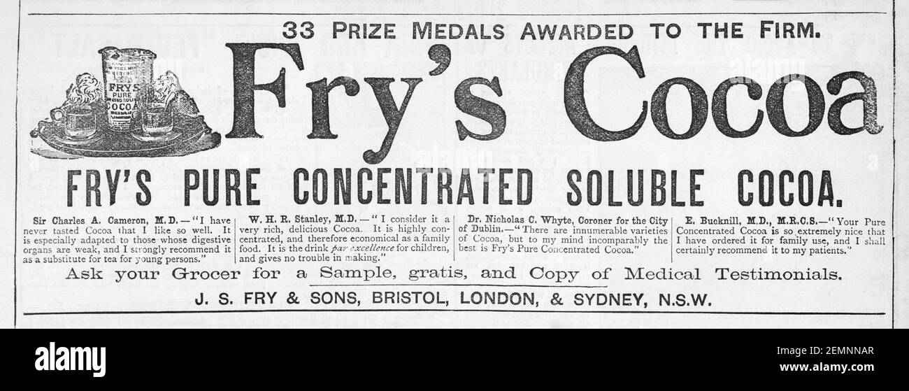 Old Victorian magazine Newsprint Fry's Chocolate annonce de 1887 - avant l'aube des normes publicitaires. Histoire du chocolat. Banque D'Images