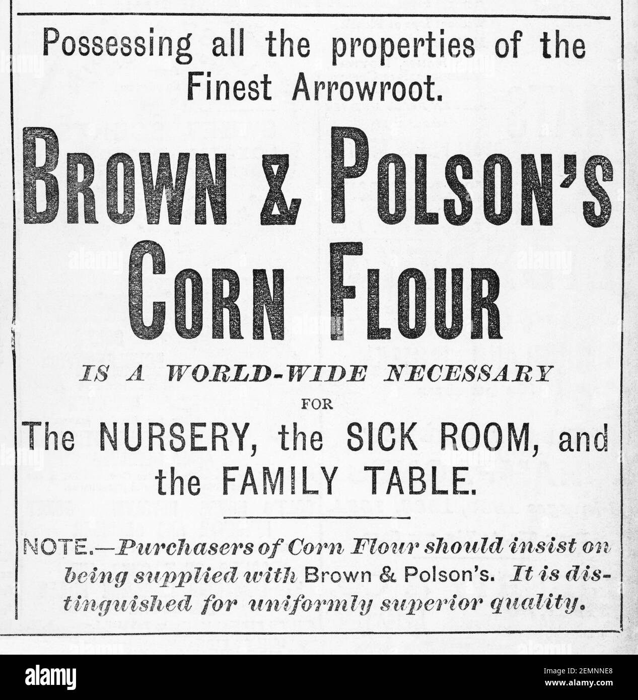 Publicité de la farine de maïs Brown & Polson de l'ancien magazine victorien de 1887 - avant l'aube des normes publicitaires. Histoire de la publicité. Banque D'Images