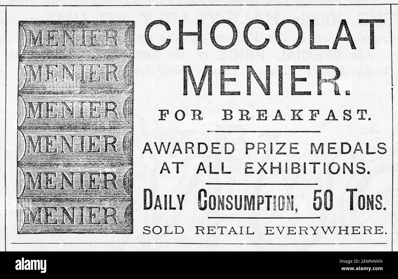 Vieux magazine victorien papier journal chocolat publicité de 1891 - avant l'aube des normes publicitaires. Histoire du chocolat. Banque D'Images