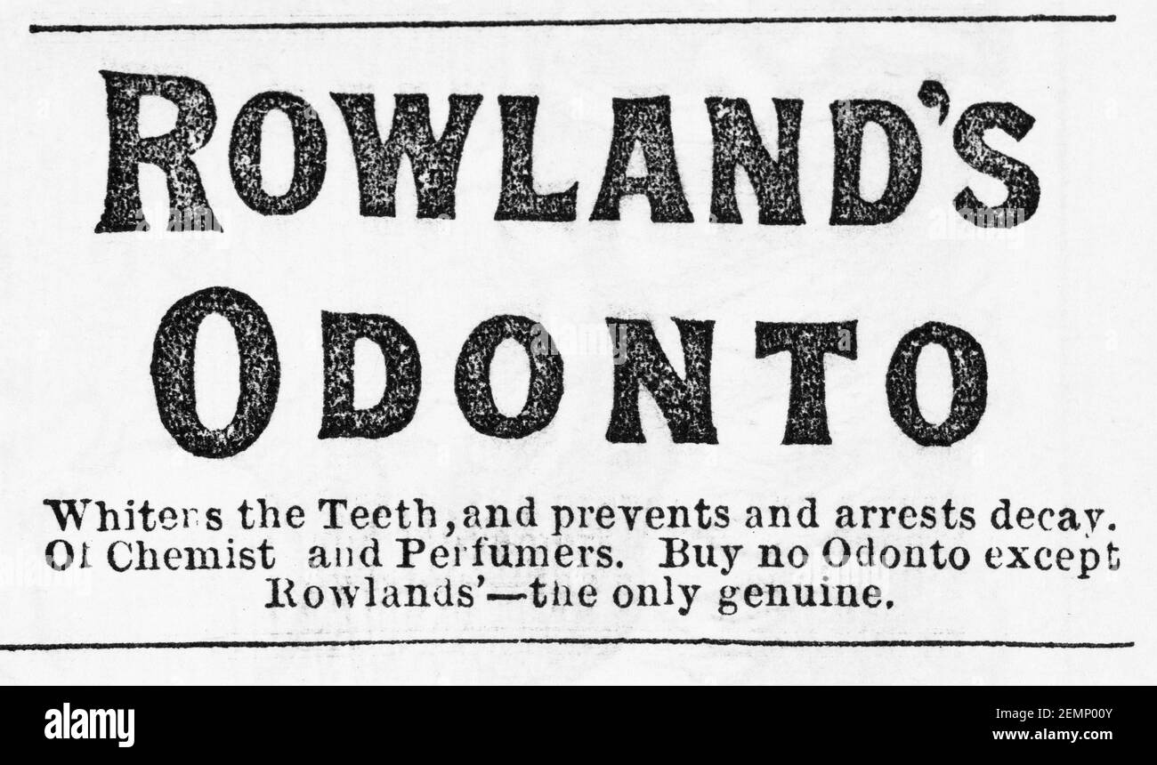 Vieux magazine victorien vintage papier journal Rowland's Odon dentifrice publicité de 1800 - avant l'aube des normes publicitaires. Publicité dentaire. Banque D'Images