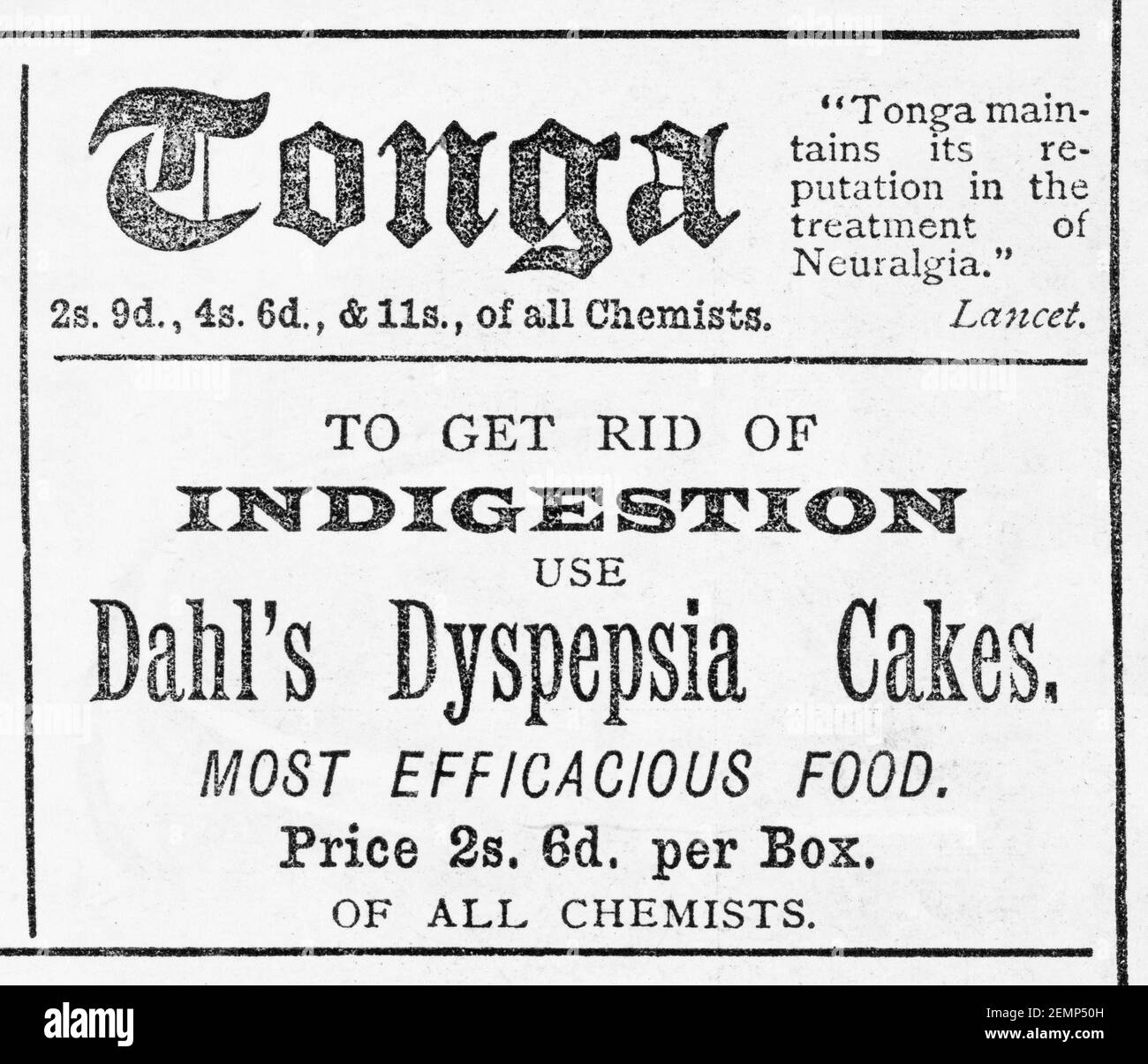 Vieux magazine victorien papier journal pour la médecine d'indigestion de Dahl à partir de 1887 - avant l'aube des normes publicitaires. Histoire de la médecine. Banque D'Images