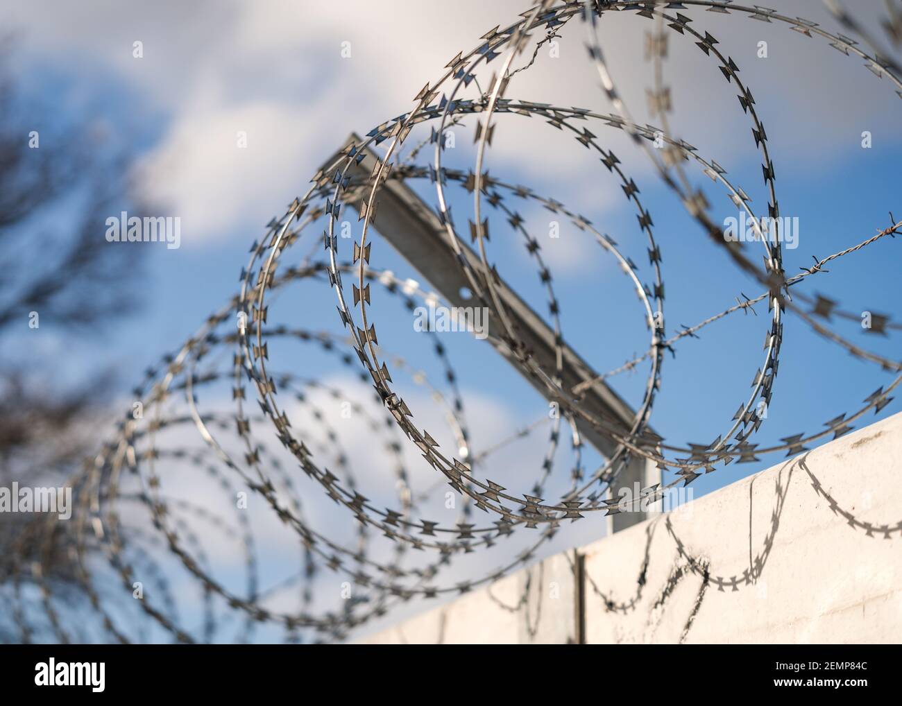 Gros plan sur une clôture en barbelés pointue et pointue enroulée le haut du mur de la prison maintient les prisonniers et les criminels en sécurité plus de composé Banque D'Images