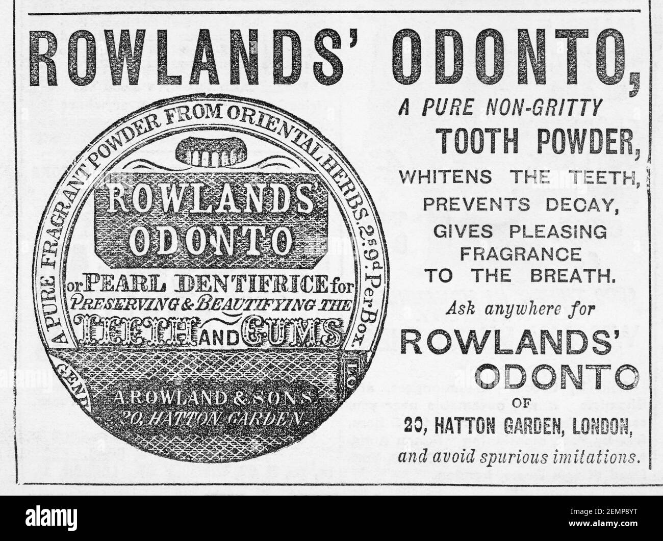 Vieux magazine victorien vintage papier journal Rowland's Odon dentifrice publicité de 1887 - avant l'aube des normes publicitaires. Publicité dentaire. Banque D'Images